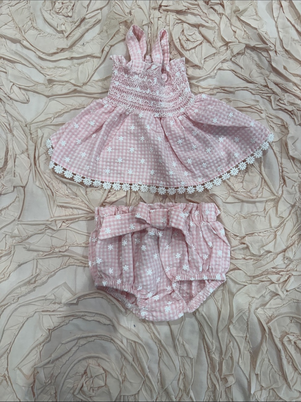 Pink Gingham Daisy Baby Dress & Bloomers Set
